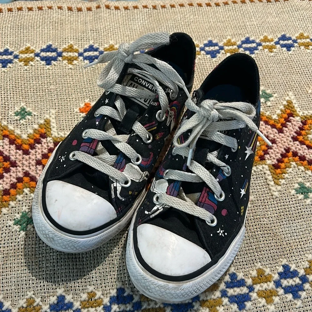 Converse Unicorn Print Black Low Top Sneakers Youth 2 Rainbow Stars Cosmic